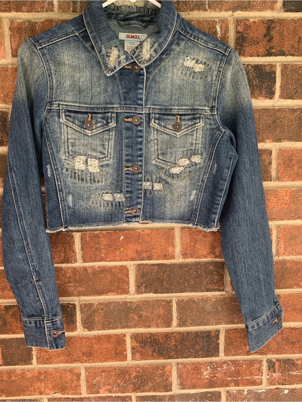 BONGO Distressed Cropped Blue Denim Jacket